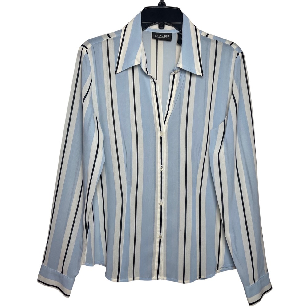 New‎ York & Company Blue White Striped Button Down Blouse Shirt Womens Large
